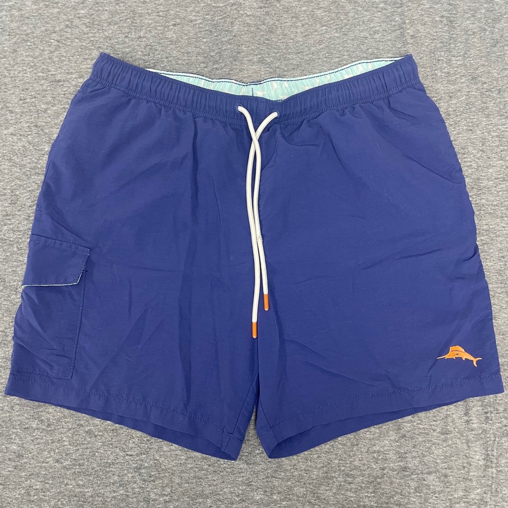 Tommy Bahama Swim Trunks Mens Medium Blue Orange Marlin Logo Cargo Pocket